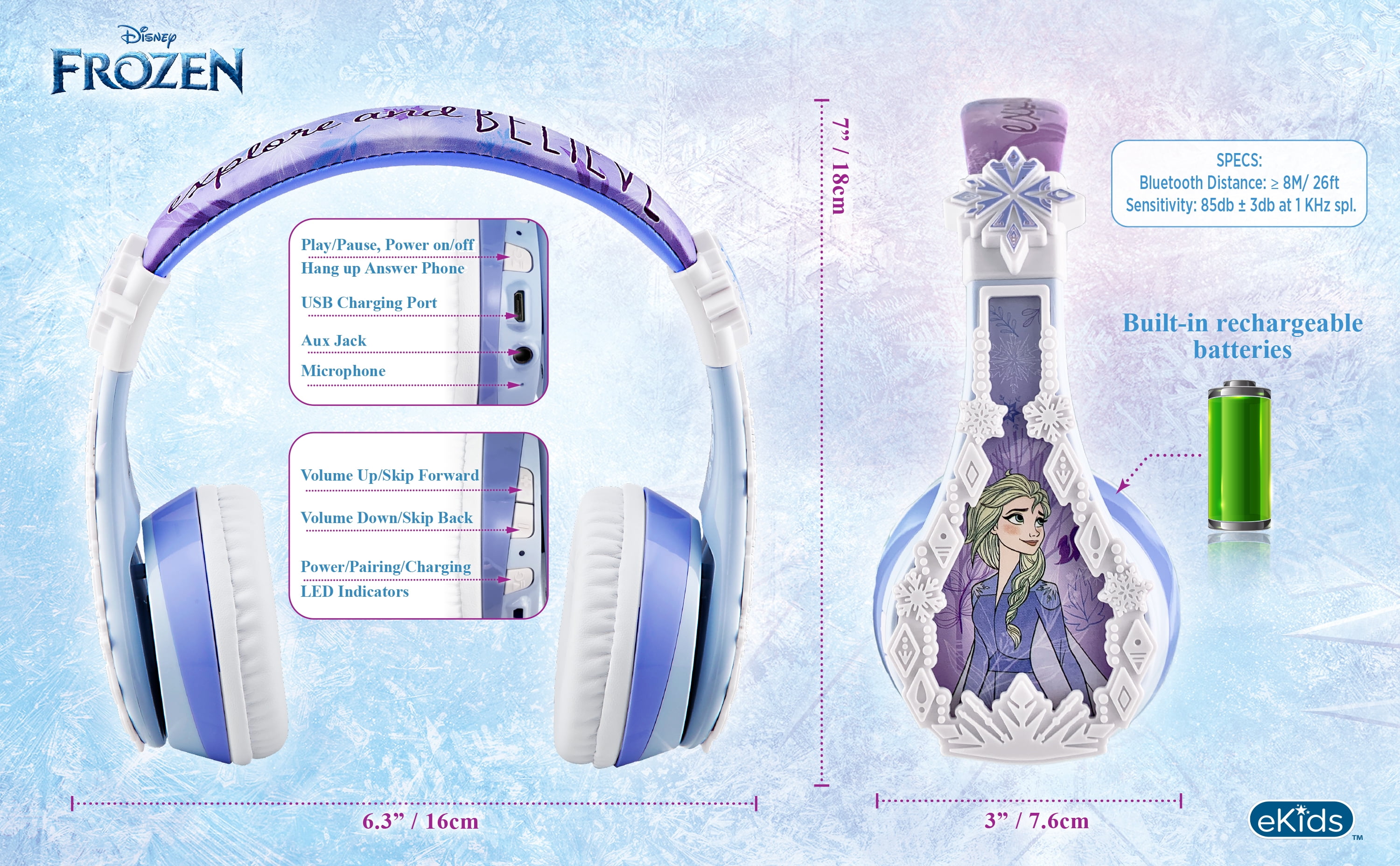 ekids Disney Frozen Kids Bluetooth Headphones, Wireless Headphones with Microphone Includes Aux Cord