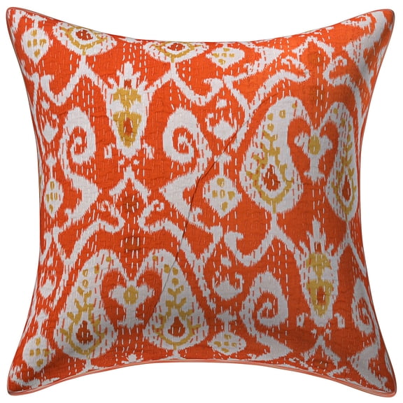Stylo Culture Indian Couch Throw Pillow Cover 16 x 16 Kantha Orange Printed 40 x 40 cm Home Decor Accent Pillowcase Cotton Ikat Square Cushion Cover | 1 Pc