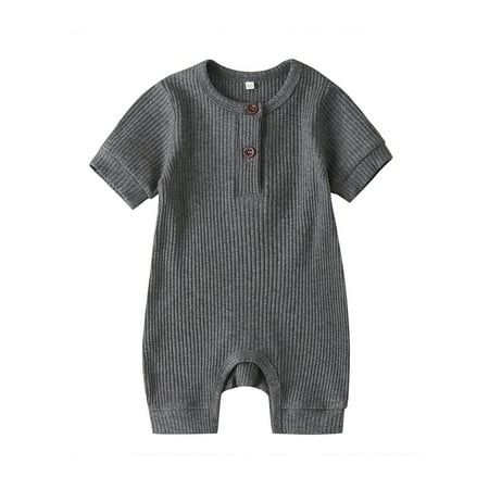 

Zervatek Newborn Baby Short Sleeve Jumpsuit Solid Color Knit Rib O Neck Button Romper Cotton Outfits