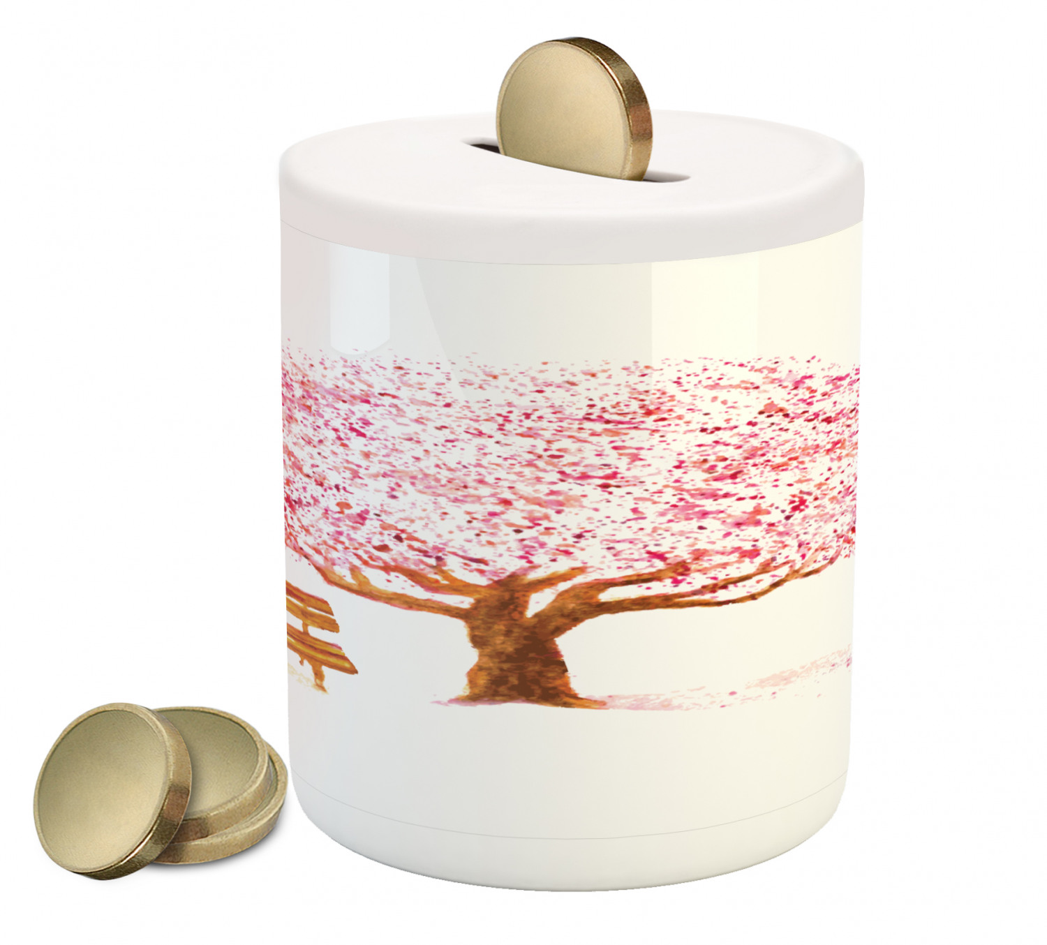 Nature Piggy Bank, Watercolor Blooming Cherry Tree in the Park with ...