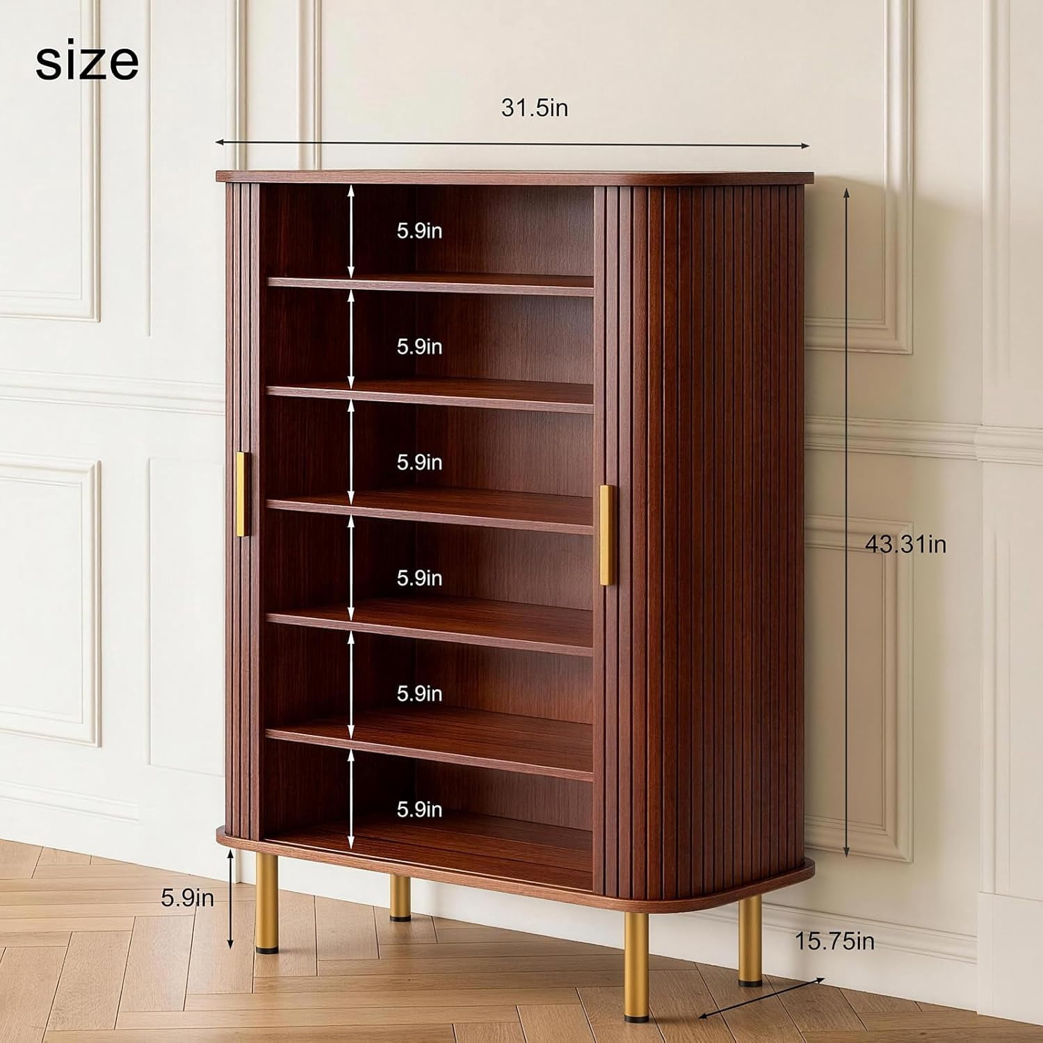 avobird 31.5 " Modern Minimalist Freestanding Shoe Cabinet, Sliding-Door Shoe Cabinet with Six Adjustable Shelves for Entryway, Walnut
