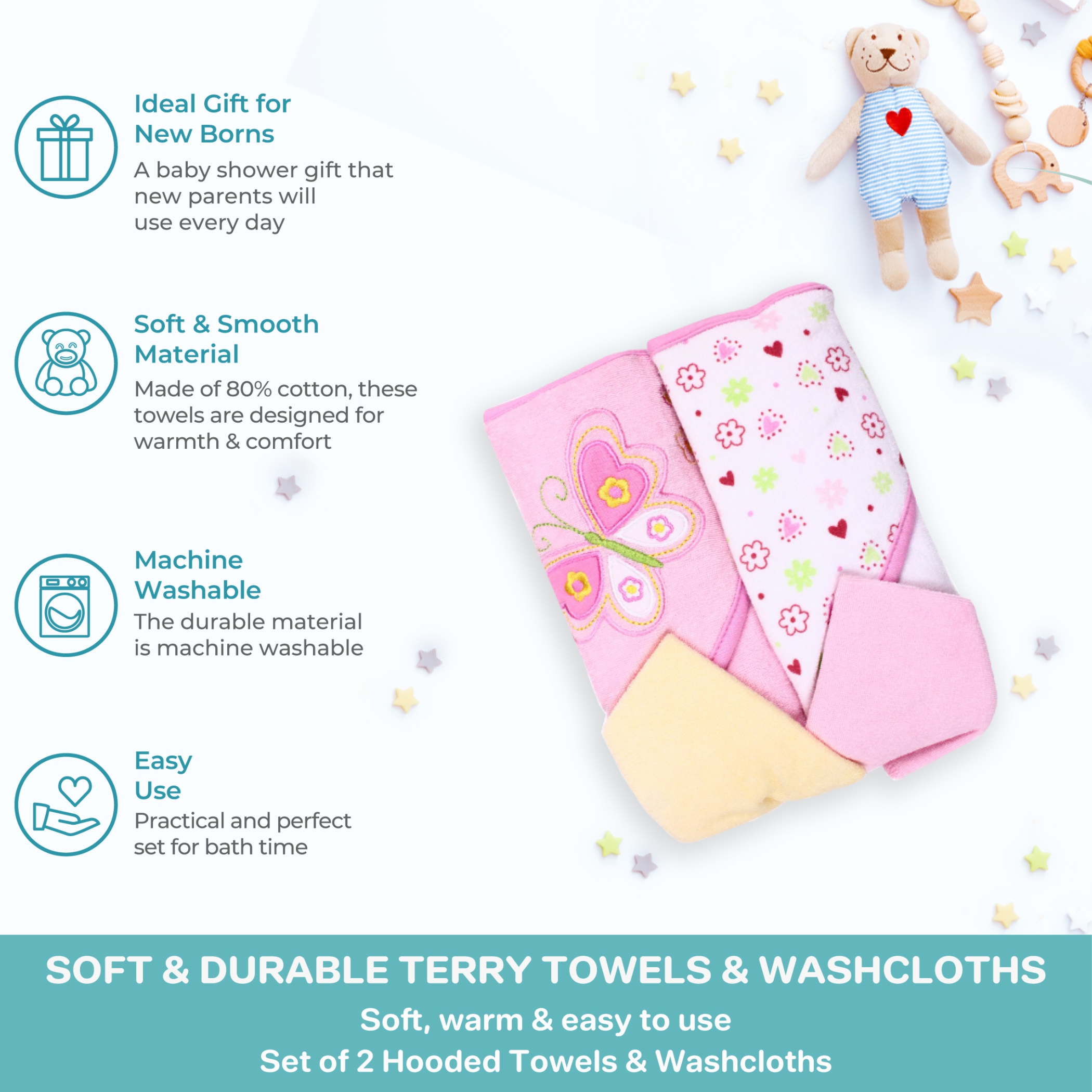 Spasilk Baby Hooded Towels & Washcloths Set, Pink Butterfly photo 2