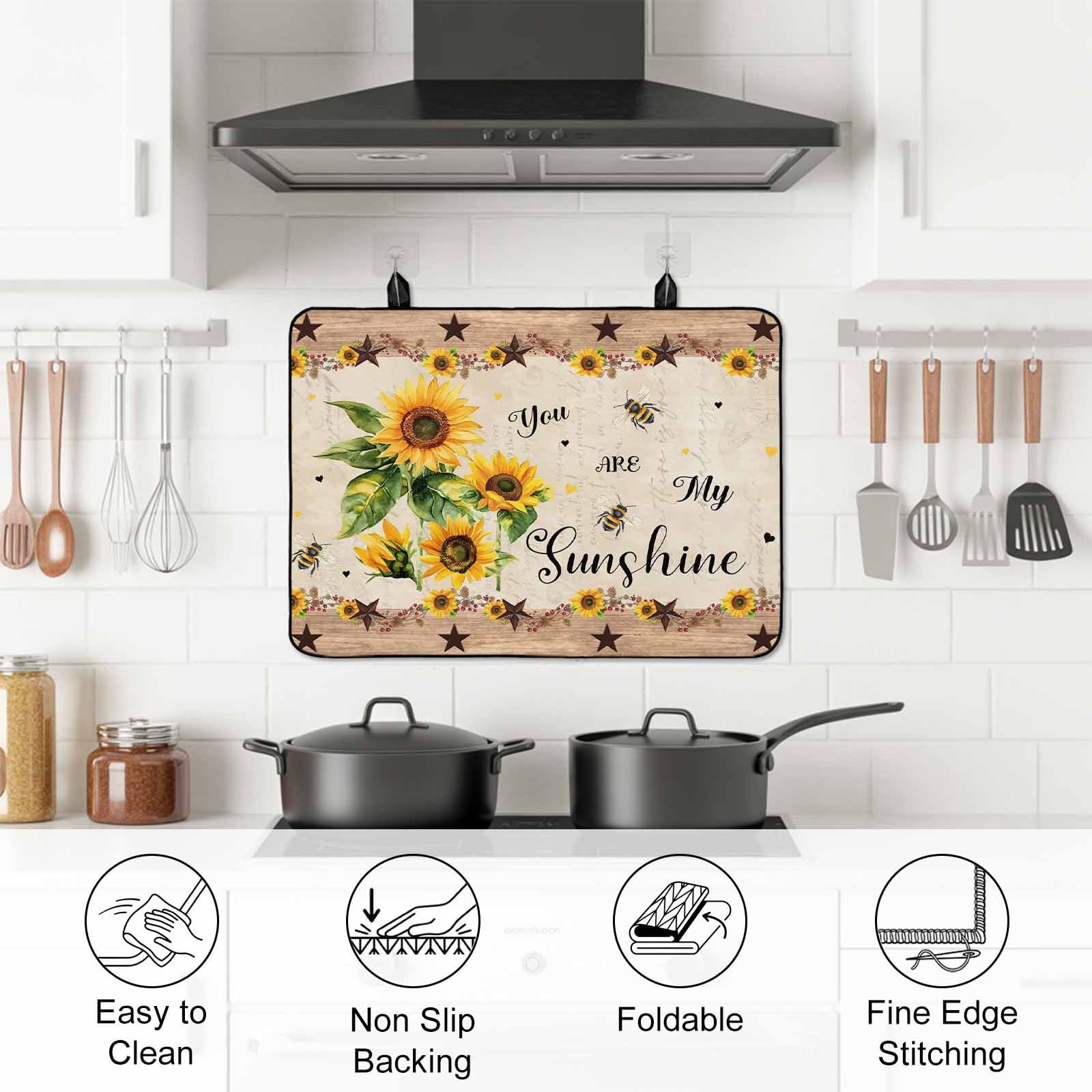 Sunflower Stove Top Cover for Electric Stove, Heat-proof & Non Slip Glass Top Stove Cover Protector, Botanical Summer Farmhouse Country Texas Star Kitchen Flat Cooktop Rubber Mat 24x21 Inches