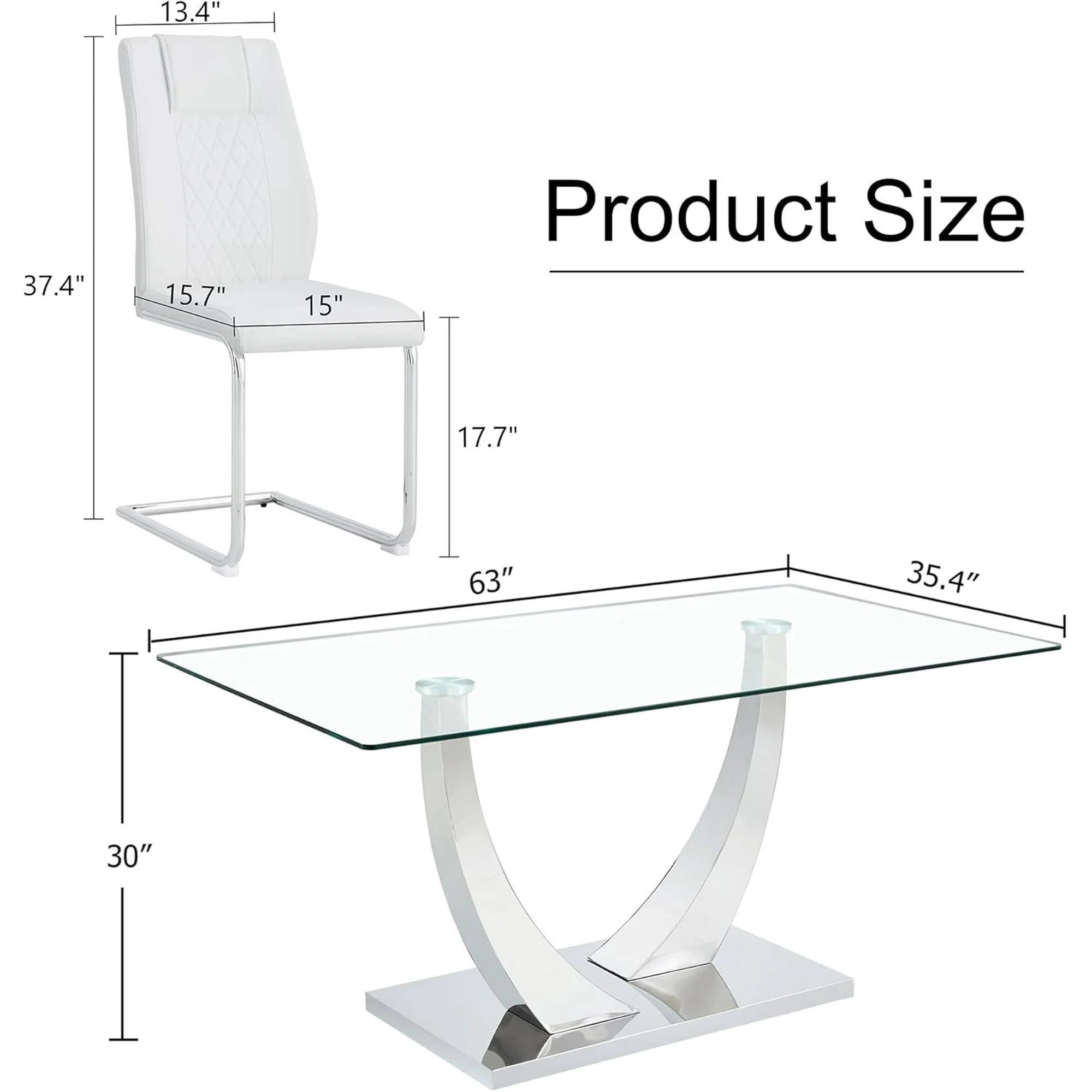 SUDICA Dining Table Set 63 Inch Rectangular Glass Top Silver Metal U Base 7 Piece Dining Room