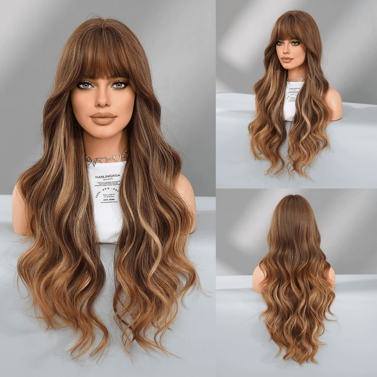 PEAKIN Fashion Wig 30 inch Women Gold Brown Long Curly Hair Big Waves with Bangs Headpiece Wavy Wigs