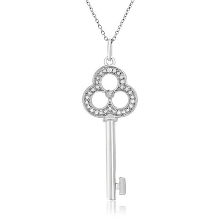 Silver Clover Key Pendant - Diamond Accent Clover and Key Pendant