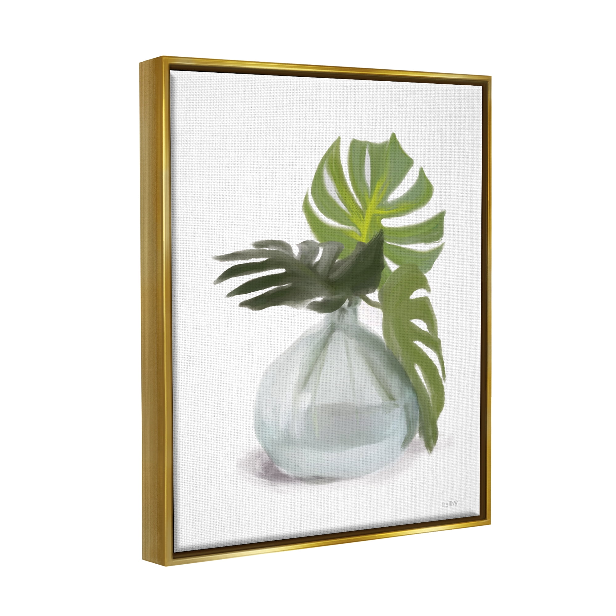 Stupell Monstera Leaf Sprigs Jar Botanical & Floral Painting Gold Floater Framed Art Print Wall Art