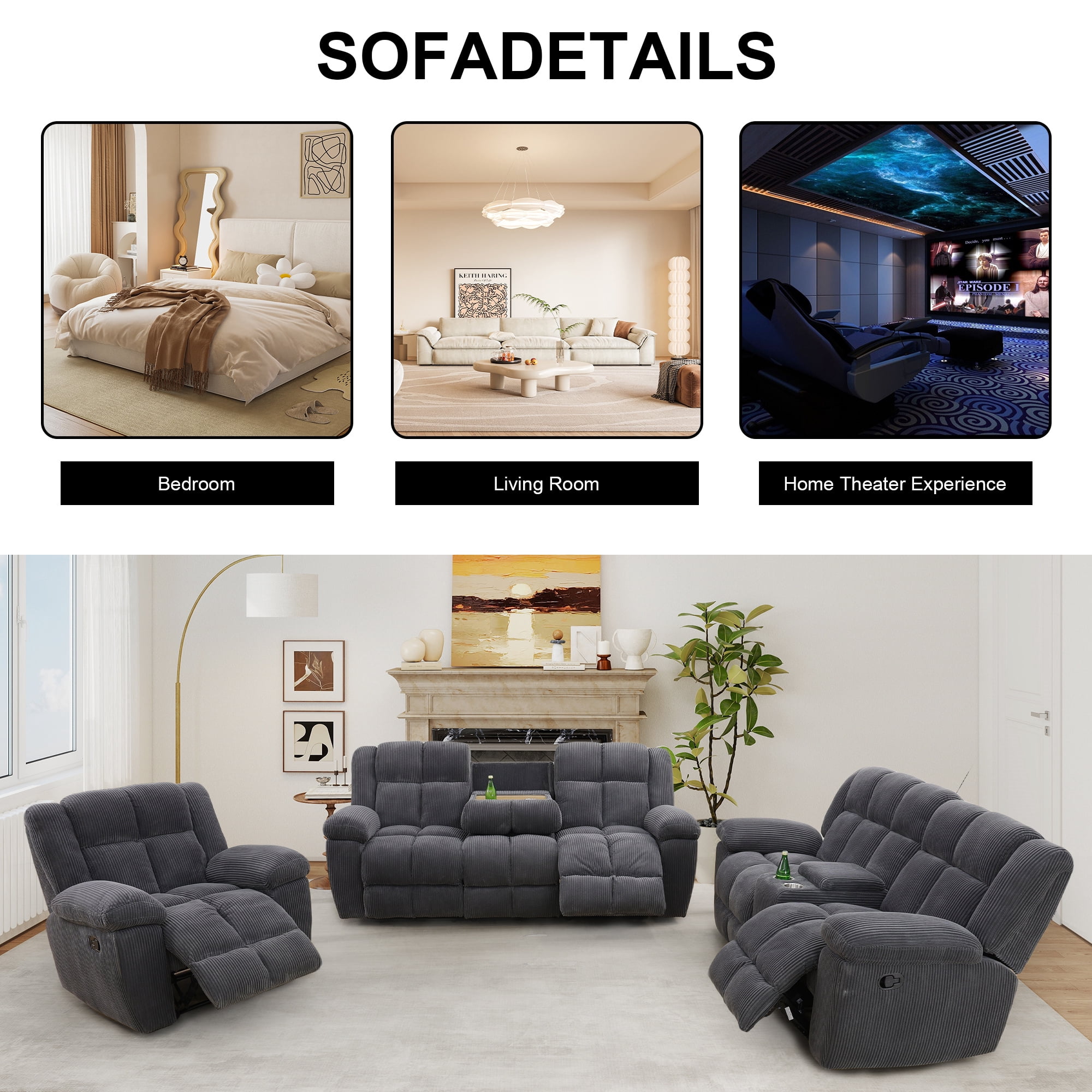 Aukfa 3-Piece Recliner Sofa Set, Oversized Armchair+Loveseat +3 Seat Sofa, 2 Cup Holders&Storage Console, Corduroy, Gray