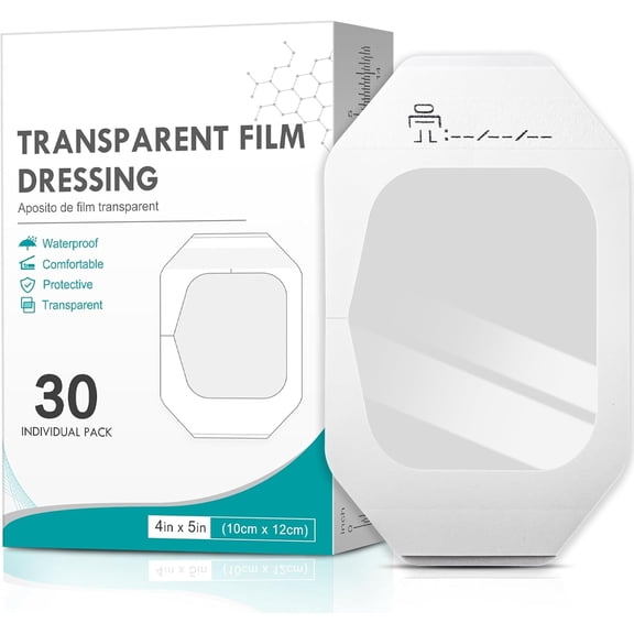 Transparent Film Dressing 4" x 4.75" Box of 30 - Waterproof Bandages for Swimming, Showering, Wounds, Post Surgical Shower or IV Shield, Tattoo Aftercare Bandage, Scar Therapy, Adhesive Patches