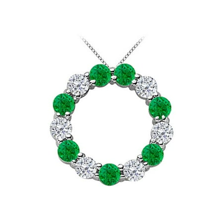 Fine Jewelry Vault UBPD1355W14DE Green Natural Emerald and Diamond Circle Necklace in 14K White Gold 2 Carat Total Gem Weight