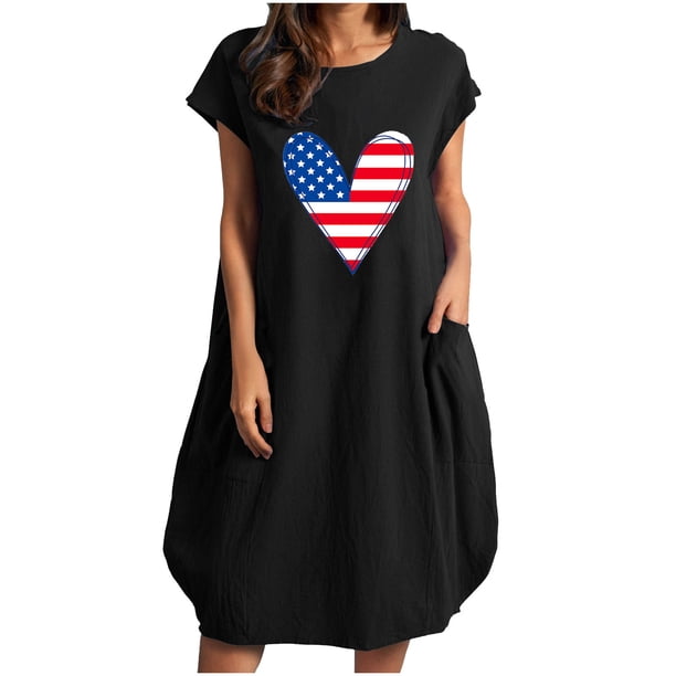 Vestido suelto informal de manga corta con bolsillo y cuello redondo con estampado del Día de la Independencia de algodón y lino de verano para mujer Fridja qw3534