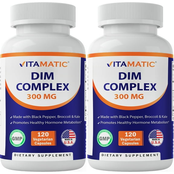 2 Pack Vitamatic DIM Supplement Complex for Women & Men - 300mg - 120 Veg Capsules - Made with Black Pepper, Broccoli Powder & Kale Powder - Non-GMO & Gluten Free - Supports Hormonal Balance