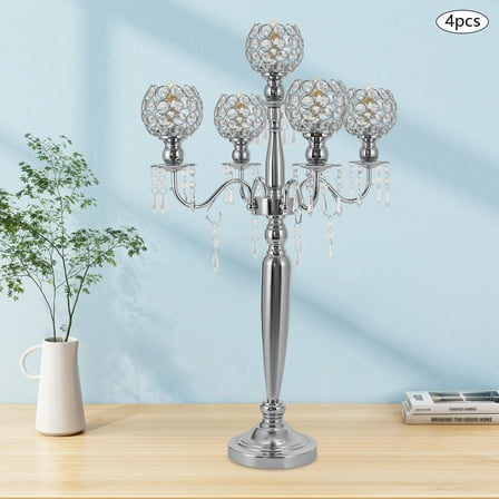 DENEST 4 Pcs 5 Arm Crystal Candelabra Centerpieces Silver Candle Holder Freestanding