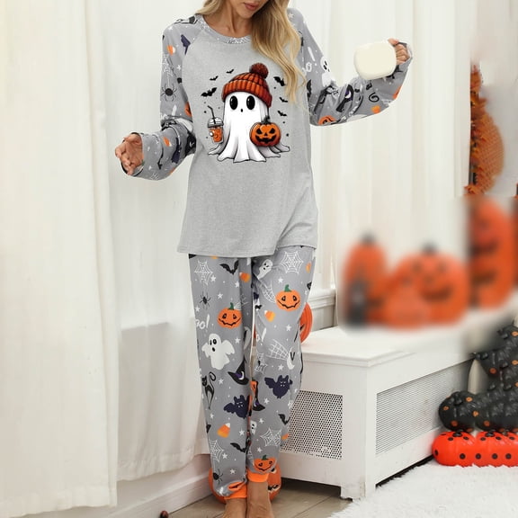 Womens Halloween Pajamas Long Sleeve Crewneck Long Pants Cozy Sleepwear Loungewear 2 Piece Women Pajama Sets Grey L
