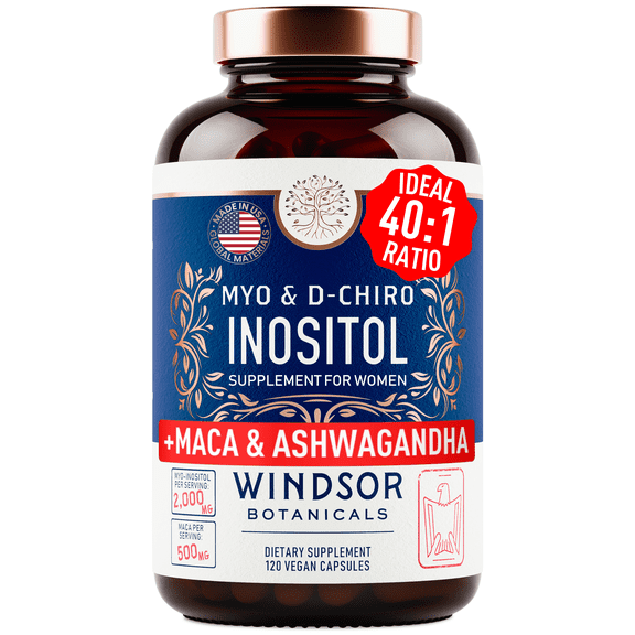 Myo-Inositol & D-Chiro Inositol 40:1 Ratio 2,000 mg - PCOS Supplements with Maca Root & Ashwagandha - Ovarian Health Support Vitamins - Hormone & Fertility Supplements for Women - 120 Vegan Caps