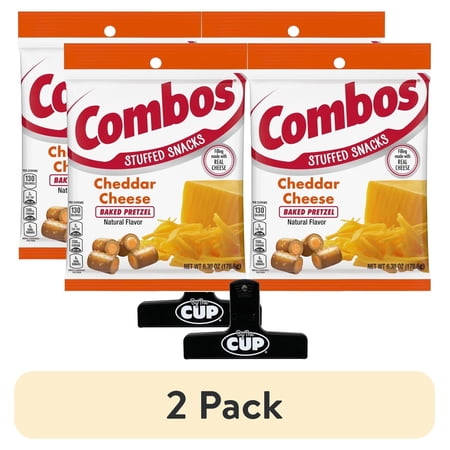 (2 pack) Combos Cheddar Cheese Baked Pretzels 6.3 oz Bag (pack of 2) with By The Cup Bag Clip
