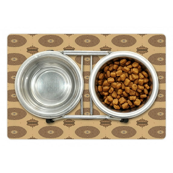 Ethnic Pet Mat for Food and Water, Geometric Folk Earth Tones Inspired Dots Middle Eastern Moroccan Mosaic, Non-Slip Rubber Mat for Dogs and Cats, 18" X 12", by Ambesonne