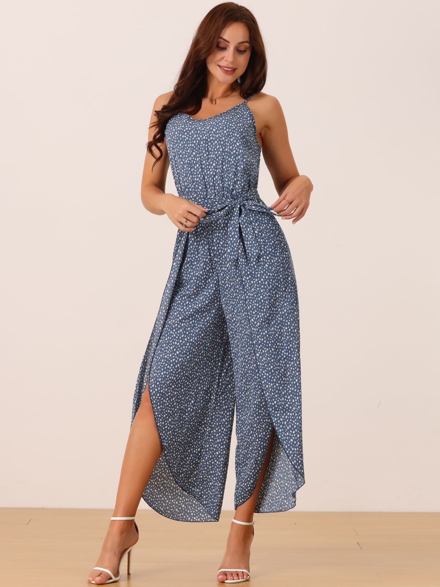 DARING DIVA Women's Summer Spaghetti Straps Sleeveless V Neck Jumpsuit XL Grey Blue