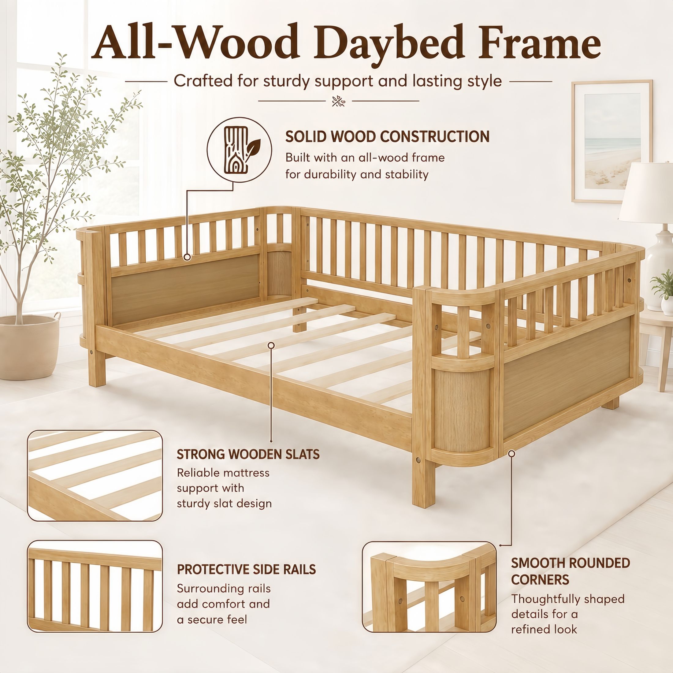 GDF Studio Darpel Twin Size Wooden Montessori Bed Frame with Guard Rails, Pine Wood Low-Profile Floor Kids Bed, Natural