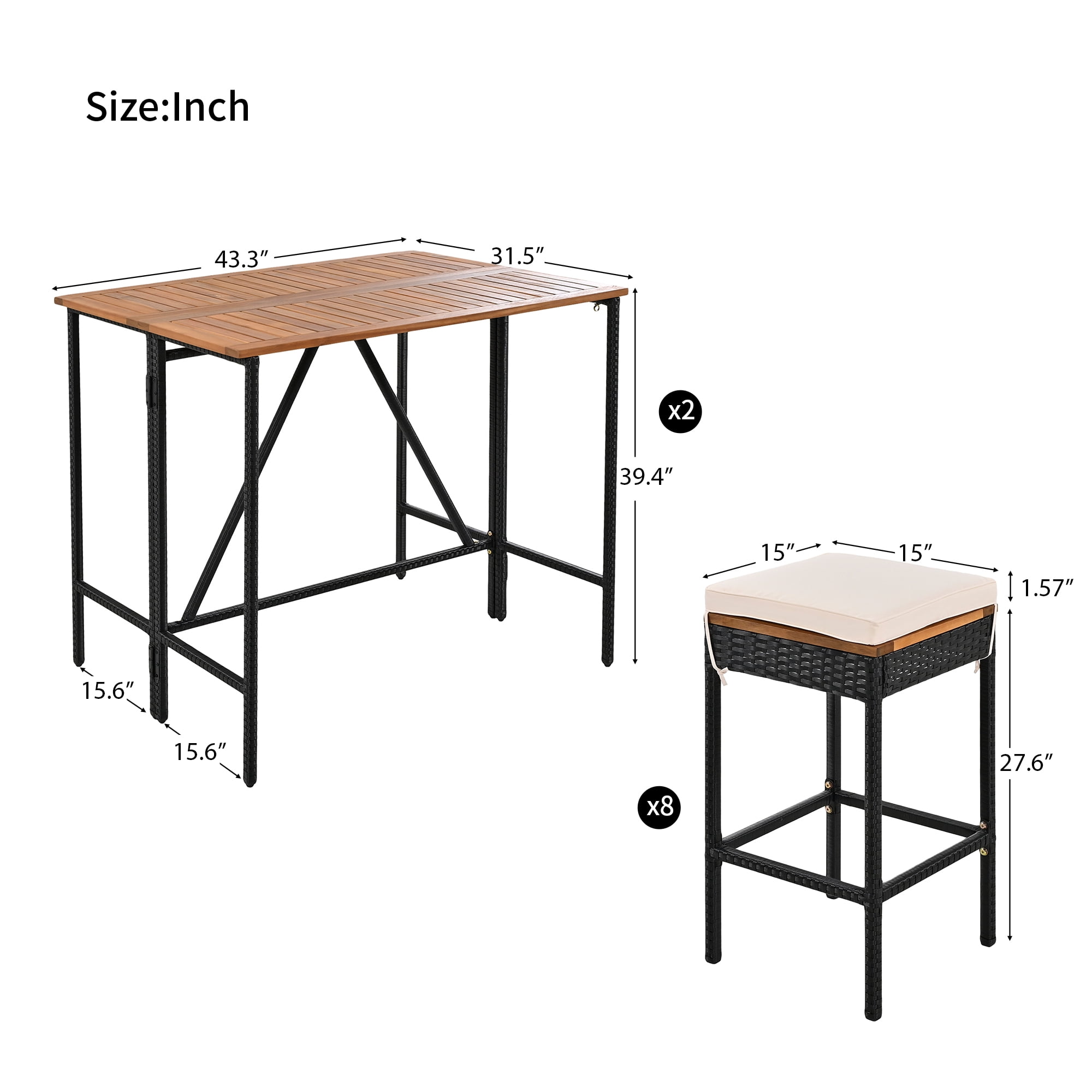Outdoor Bar Height Dining Set 10-Piece, Acacia Wood Table & 8 Stools with Cushions, PE Rattan Wicker Bistro Set with Foldable Top, Space Saver, Brown