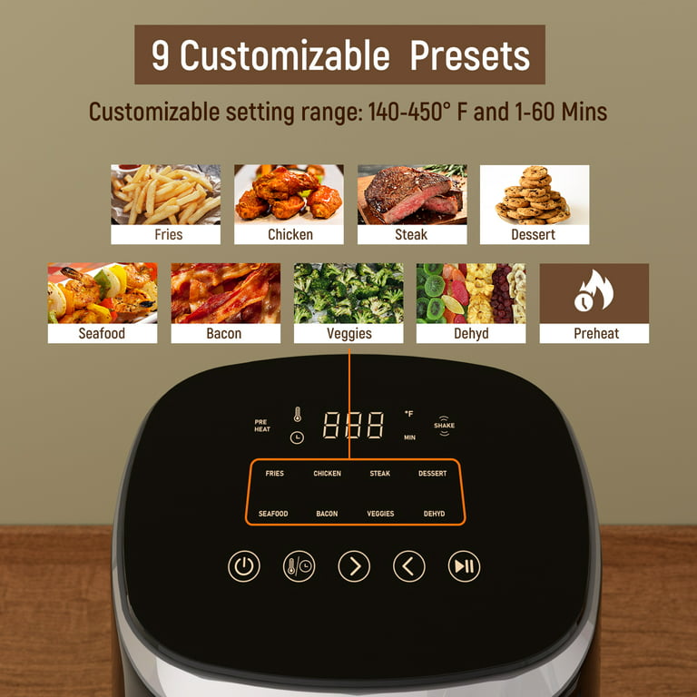 Air Fryer, Fabuletta 9 Cooking Functions Electric Air Fryers, Shake Reminder, Powerful 1550W Electric Hot Air Fryer Oilless Cooker, Tempered Glass
