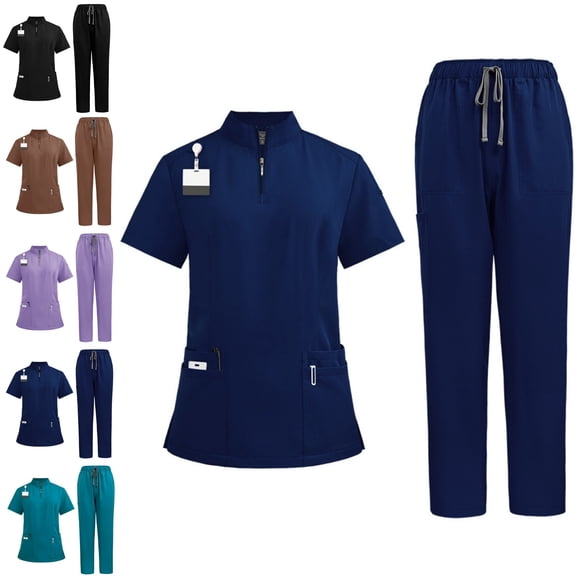 Scrubs for Women Set-Zipper Collar Top & Drawstring Straight Pants Scrubs Set with Pockets Medical Nursing Uniforms