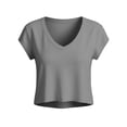 thumbnail image 6 of Women's V-Neck Crop Top, Short Sleeve Casual Solid Color T-Shirt Y2K Tops Travel Outfit Gray S, 6 of 6