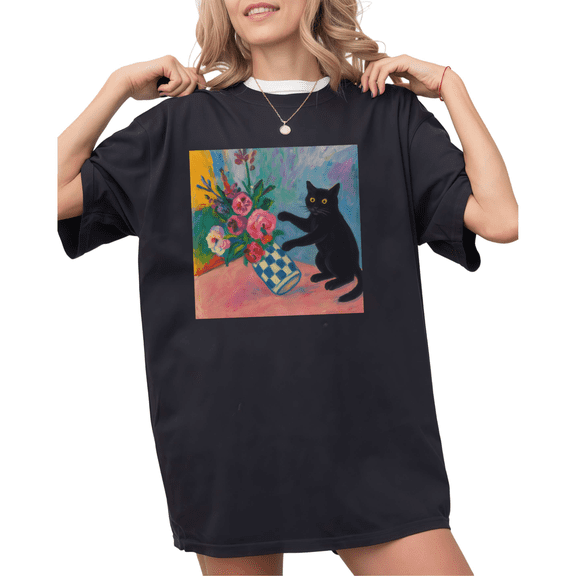 Black S-5XL Cat Flower Print Tshirt s Shirts Cute Cat Daily Wear Graphic Tee Tops
