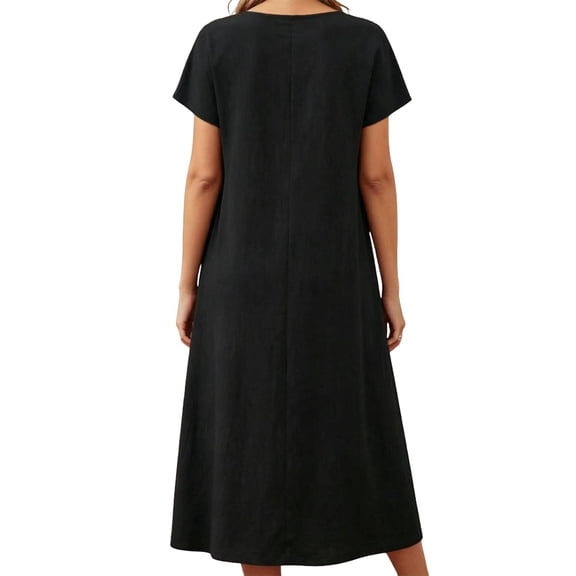 Avolia Plus Size Women Short Sleeve Dress with Pockets Pleats Round Neck Lightweight Casual Wear Black L