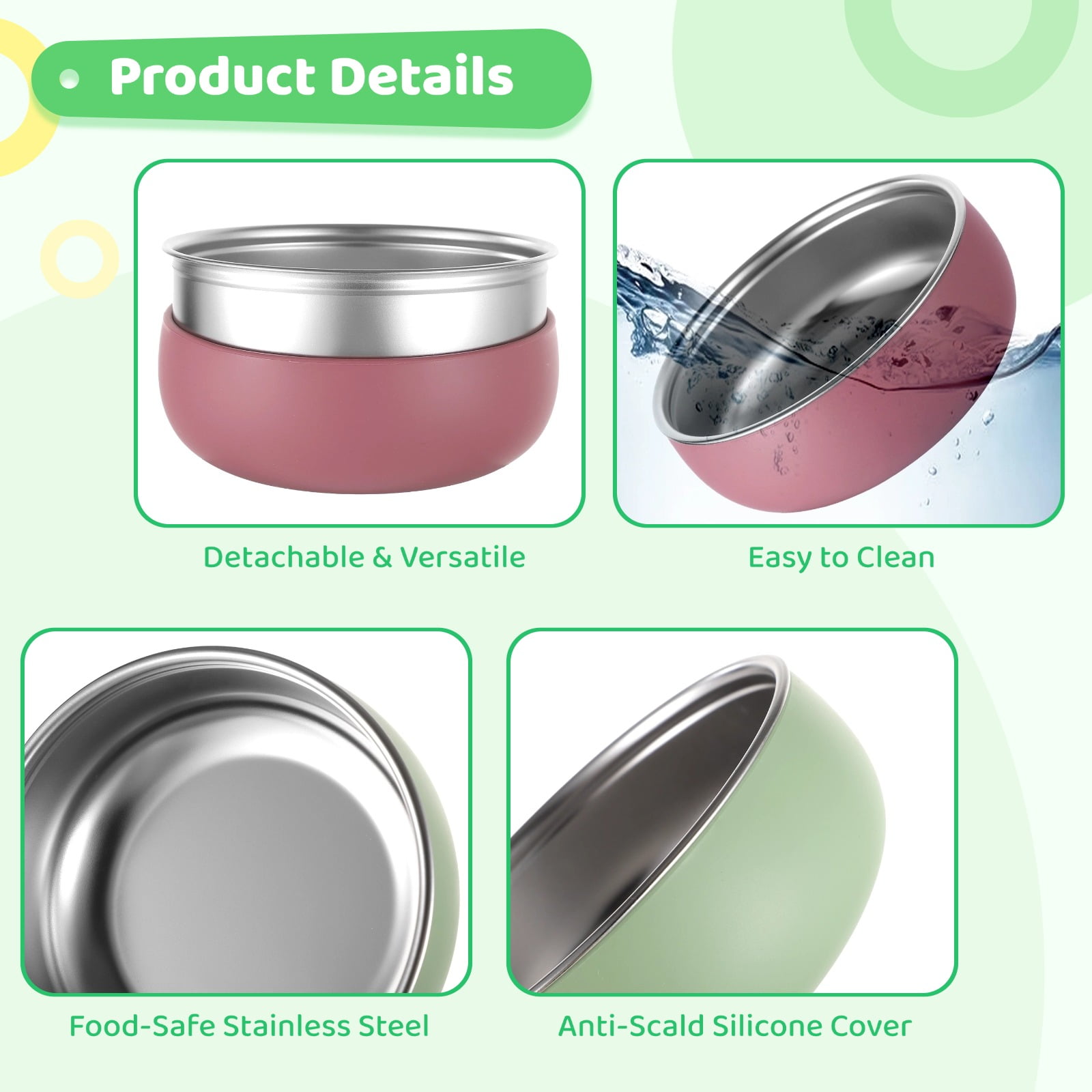 4 PCS Silicone Stainless Steel Bowls, Little One's Bowl with Removable Silicone Shell for 3 Months and above, 4 Colors