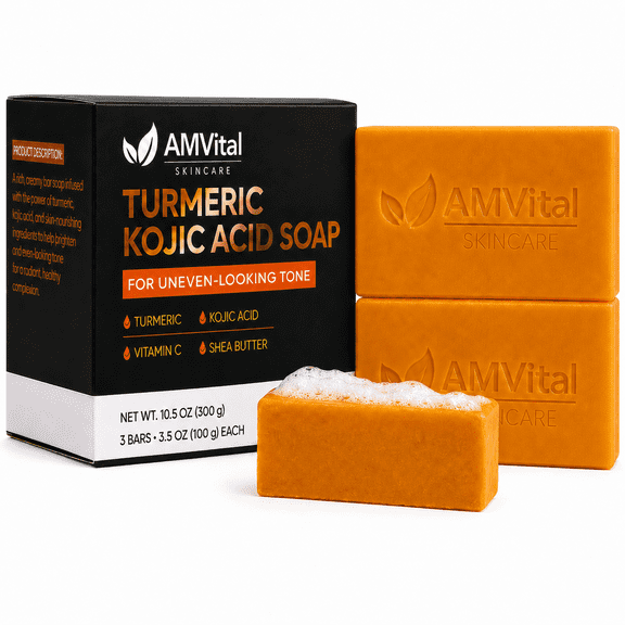 AMVital Turmeric Kojic Acid Soap Bar 3-Pack for Face & Body, for Uneven-Looking Tone, 3.5 oz Each