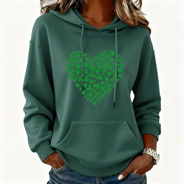 Uootdi Oversized St Patricks Day Hooded Sweatshirts for Women Irish Saint Pattys Shamrock Crewneck Long Sleeve Shirts Holiday Trendy Pullover Tops Gift