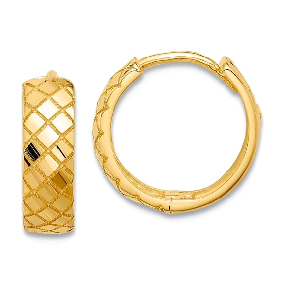 14k Solid Yellow Gold Polished and Etched Hinged Hoop Earrings 13x13.1mm Wide 4mm Thick Hoop Earring for Women