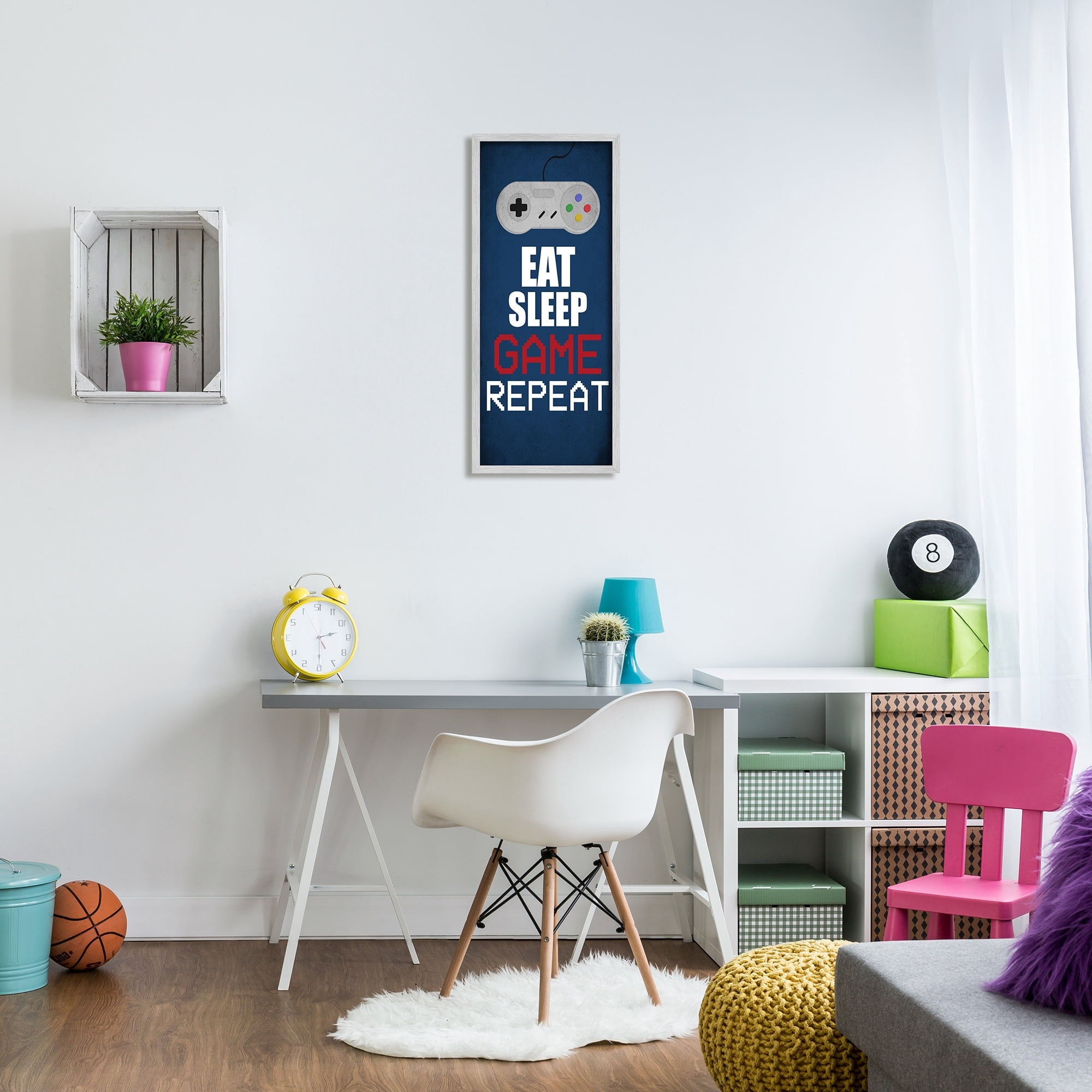 Stupell Industries Eat Sleep Game Repeat Pixel Typography Vintage Controller Beauty & Fashion Painting Gray Framed Art Print Wall Art, 13 x 30