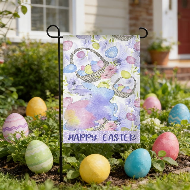 Bandera de Jardín Lyh251213002 | Lindos Conejos y Huevos de Pascua | Tela de Poliéster Reversible | Resistente a La Intemperie | Decoración para Patio, Porche, Jardín y Cerca