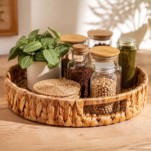 Round Woven Seagrass Serving Tray with Handle, Natural Hand Woven Decorative Basket Tray, Rustic Organizer Tray for Coffee Table Kitchen Home Decor, 12 Inch by XSAOP
