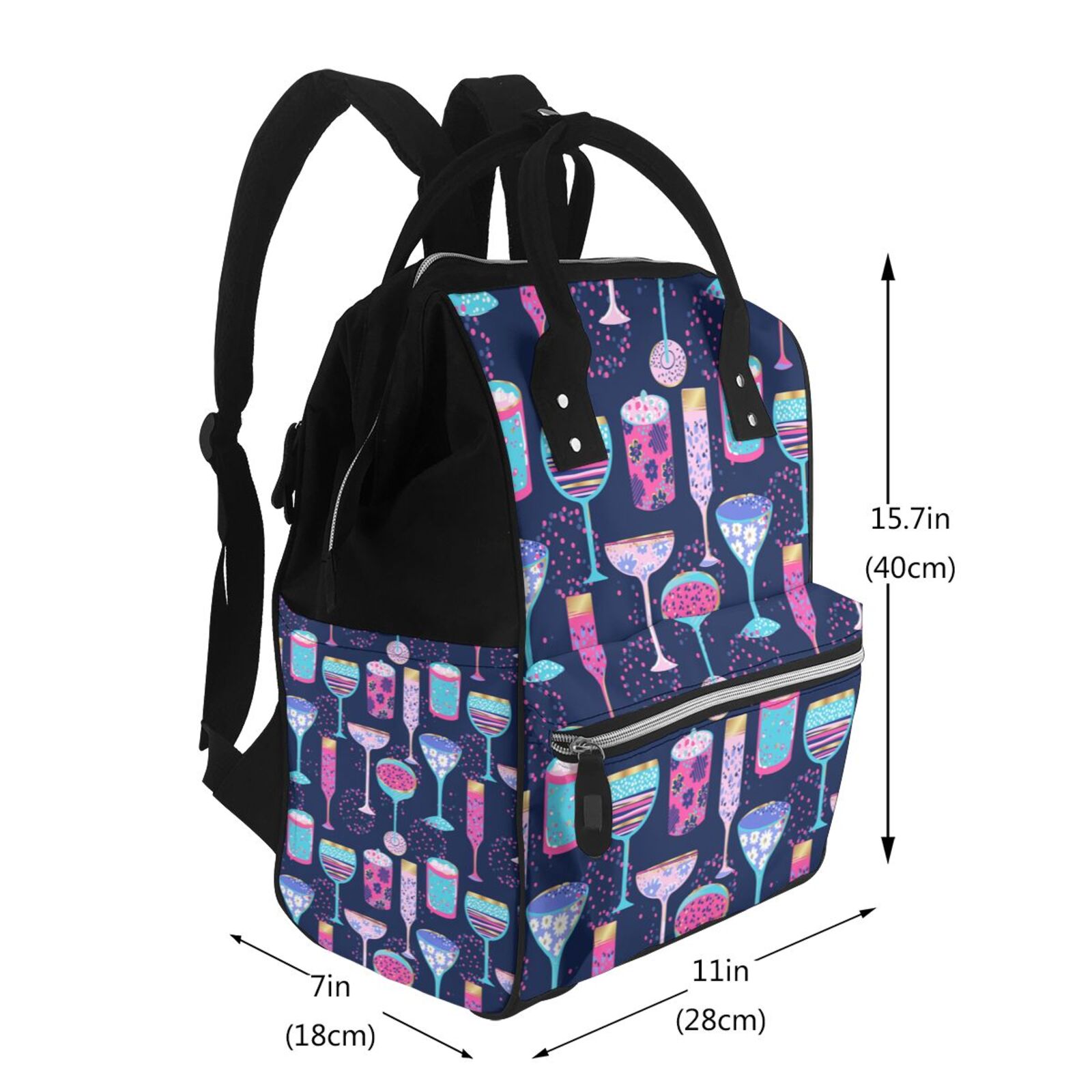 Ratiio Wine Glasses And Cocktails Mummy Backpack - Waterproof Twill Canvas, Large Capacity Diaper Bag with Multiple Pockets and Adjustable Straps