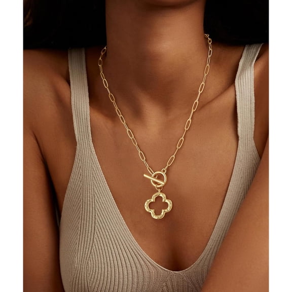 14K Gold Plated Paperclip Chain Necklace for Women, Heart Cross Spiral Charms Statement Pendant, Non Tarnish Chunky Link Necklace, Trendy Layered Jewelry Gift