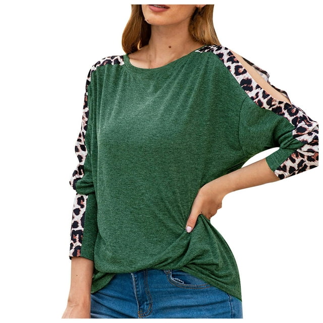 Pompotops T-Shirt à Manches Longues pour Femmes, Mode, Col Rond, Imprimé Léopard, Chandail à Épaules Dénudées