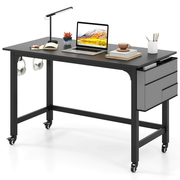 Costway Rolling Computer Desk Metal Frame PC Laptop Table Wood Top Study Workstation