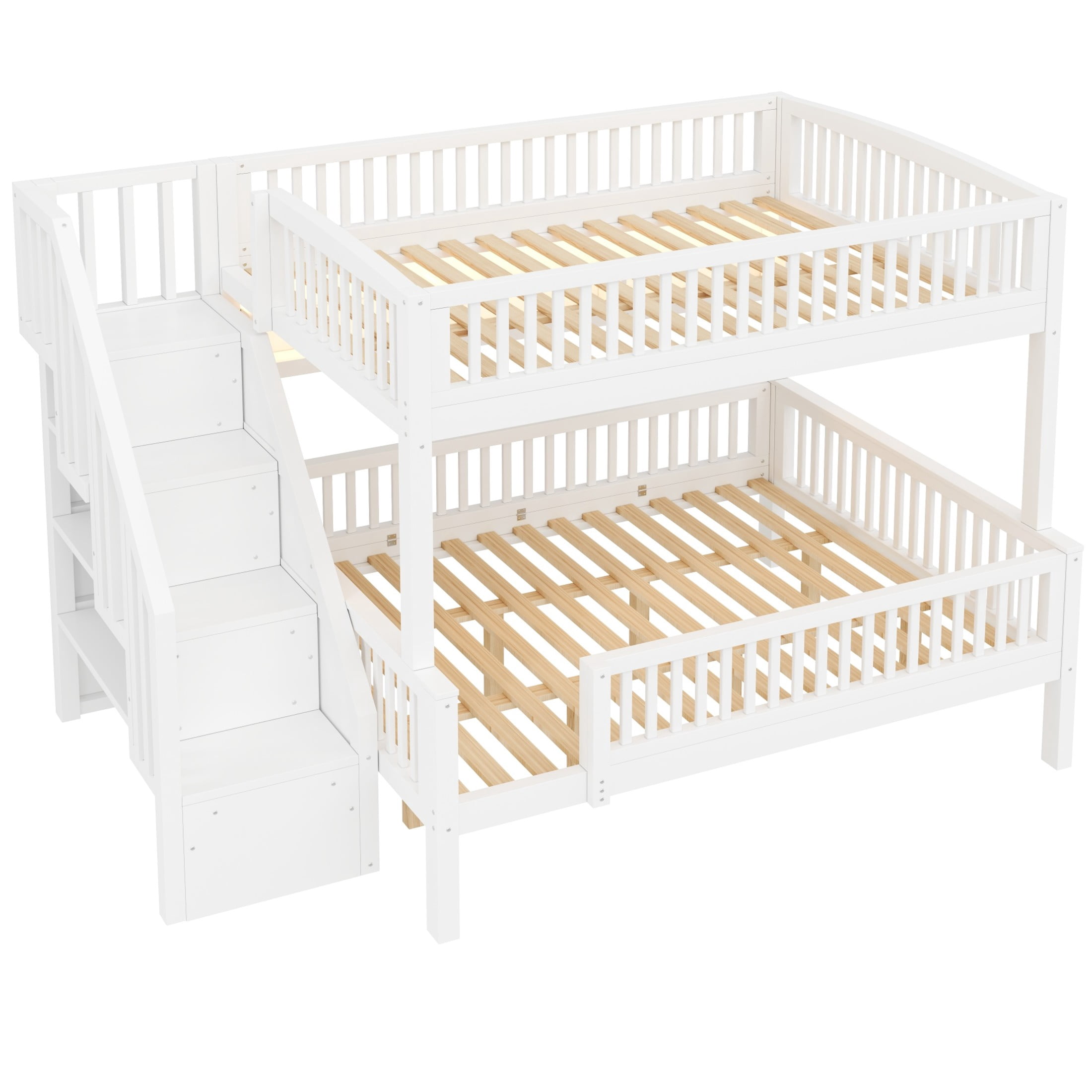 Noble House Dalmor Full XL over Queen Bunk Bed with Storage Staircase & Built-in Bookshelf, Adjustable LED Light, White