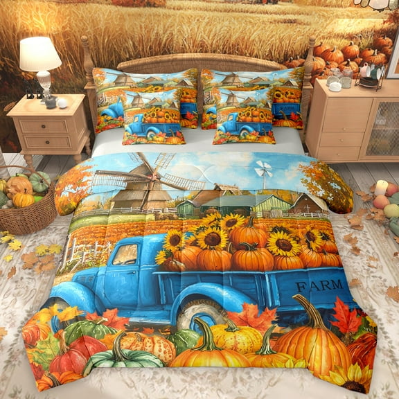 Homewish Botanical Sunflower Pumpkin 7-Piece Twin Bedding Sets For Teens Boys Girls,Blue Truck Bedding Comforter Set,Happy Autumn Harvest Breathable Sheet Sets,Lightweight Room Decor,Reversible