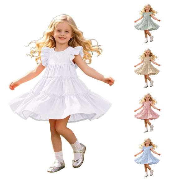 WhouRiu Girls Solid Color Dresses Sleeveless Flutter Sleeve Crew Neck Ruffle Dress Kids Comfortable Cute Everyday Sundress,5-6 Years