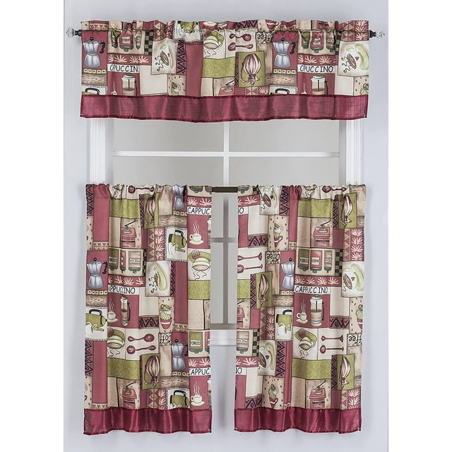 Kitchen Curtain Jacquard Printed Design 3pc Set (Includes 2 Tiers and 1 Valance) by ATI (Coffee Print)