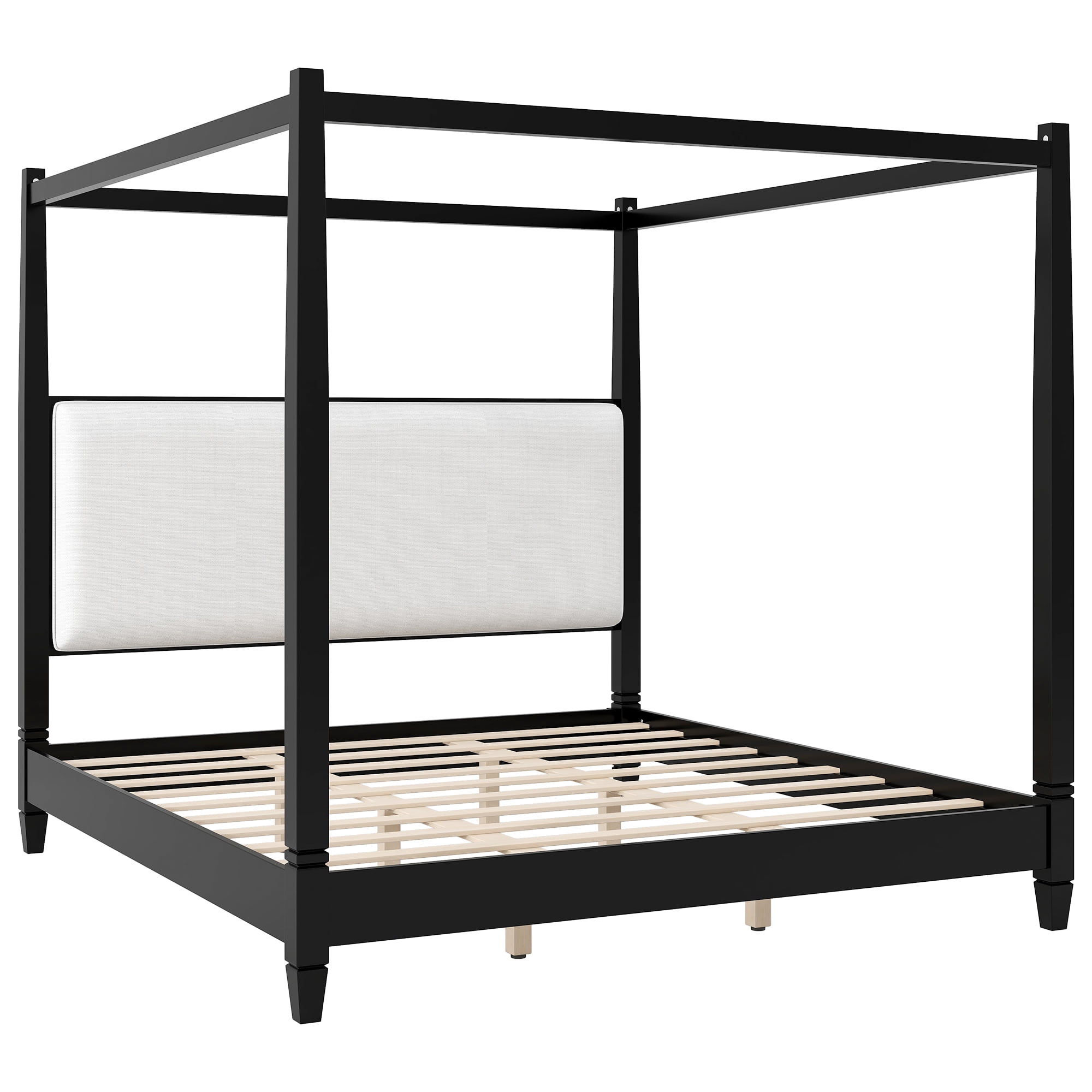 Euroco Wood King Size Canopy Platform Bed with Upholstery Headboard, Black