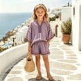 thumbnail image 4 of MEZZALL Girls Boho Striped 2 Piece Outfit Set, V Neck Batwing Sleeve Striped Blouse & Elastic Waist Pocket Shorts Matching Suit, Lightweight Breathable Vacation Outfit for Girls Trendy Clothes Sets, 4 of 4