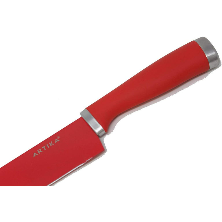 Artika 8 Chefs Knife | Straight Edge Blade Ergonomic Non Slip Handle Sharp 8 inch Steel Knife Red Color 12.8 Long x 1.5 Wide, Size: 8-Inch