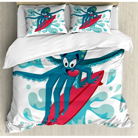 Turquoise Color Bedding Ride The Wave Duvet Cover Set, Surfer Octopus Having Fun Ocean Waves Underwater Fish Print, Decorative Bedding Set with Pillow Shams, Petrol Blue Turquoise Red, by Ambesonne ()