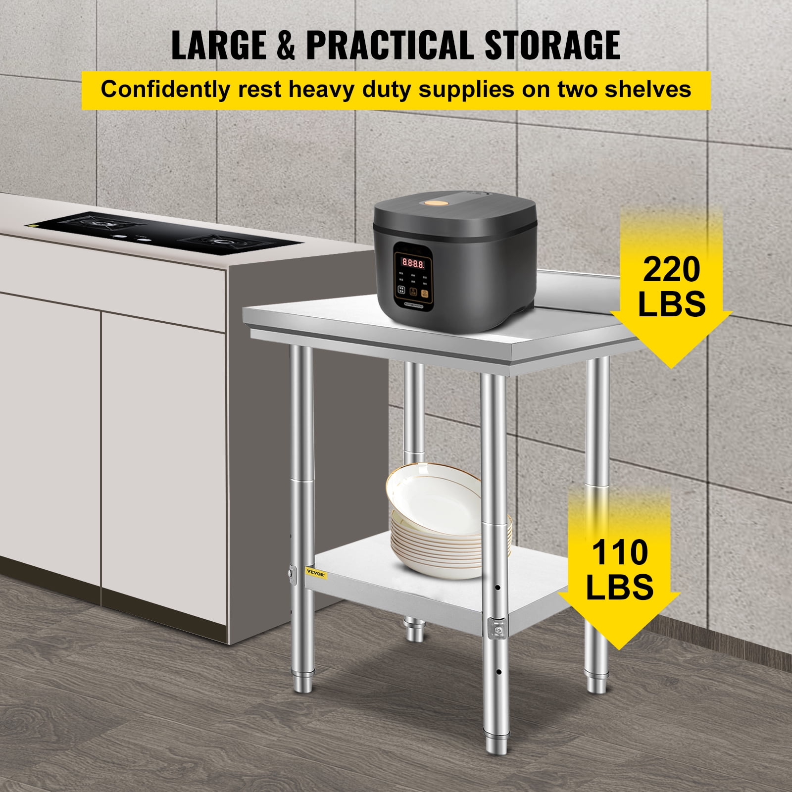 VEVOR Stainless Steel Work Table, Durable Stainless Steel Prep Table with Adjustable Undershelf & Feet, 24 x 24 x 34 Inch, Silver