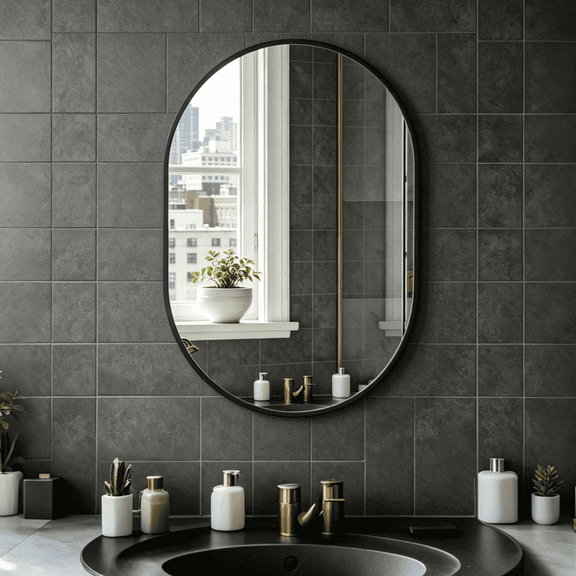 Modern Oval Wall Mirror, 20"X30" Matte Black Metal Frame Mirror for Bathroom Vanity, Entryway, Living Room, HD Reflection Rust-Resistant Decorative Hanging Mirror, Black